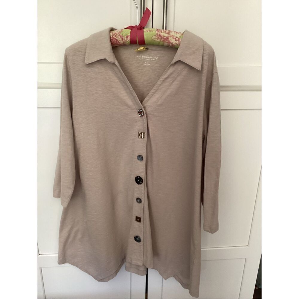 Soft Surroundings Danielle Sz XL Button Top Tunic Asymmetrical Hem Desert Stone